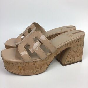 Sam Edelman Dev Beige Nude Patent Shiny Platform Cork Sandals Shoes Retro 70’s